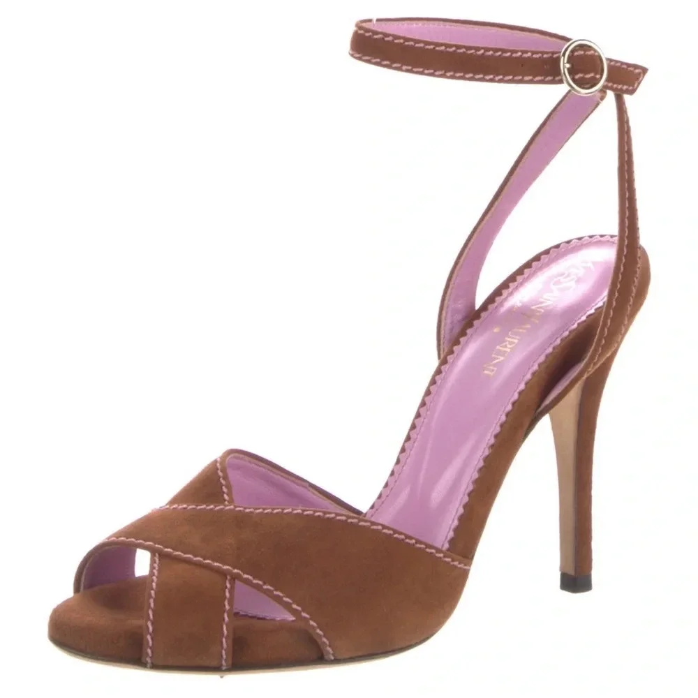 Yves Saint Laurent Brown Suede Ankle Strap Heels. Size 36.5 Us 6.5